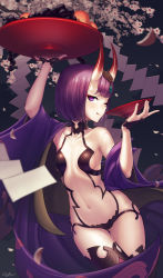 Rule 34 | 1girl, absurdres, artist name, blush, bowl, breasts, chyffon, fate/grand order, fate (series), highres, holding, holding bowl, horns, looking at viewer, navel, purple eyes, purple hair, short hair, shuten douji (fate), sideboob, small breasts, smile, solo, tongue, tongue out