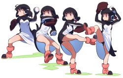 Rule 34 | 1girl, adelie penguin (kemono friends), ball, baseball, baseball glove, black hair, boots, breasts, determined, floating hair, high heel boots, high heels, highres, holding, holding ball, kemono friends, looking to the side, medium breasts, motion blur, multiple views, nishiki kazue, pitching, short hair, v-shaped eyebrows, white background