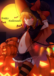 Rule 34 | 1girl, ahoge, bat (animal), black cape, black hat, black skirt, blonde hair, bow, brooch, cape, cowboy shot, flandre scarlet, frilled gloves, frilled skirt, frills, full moon, garter straps, gloves, hair between eyes, halloween, hand on headwear, happy halloween, hat, hat bow, highres, jack-o&#039;-lantern, jewelry, looking at viewer, moon, navel, open clothes, orange gloves, pointy ears, red bow, red eyes, see-through, skirt, smile, solo, striped clothes, striped thighhighs, tenneko yuuri, thighhighs, touhou, witch hat