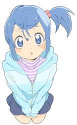 Rule 34 | 1girl, :o, absurdres, bad id, bad twitter id, blue eyes, blue hair, blue skirt, blush, cropped legs, donguri suzume, hair bobbles, hair ornament, highres, hood, hood down, hoodie, long sleeves, original, purple sweater, short hair, side ponytail, simple background, skirt, solo, standing, striped clothes, striped sweater, sweater, white background