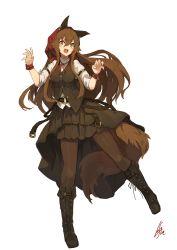 Rule 34 | 1girl, :d, animal ears, big hair, black footwear, black skirt, black vest, boots, brown hair, brown pantyhose, claw pose, full body, hair between eyes, hands up, head scarf, highres, knee boots, lansane, long sleeves, looking at viewer, neck ribbon, open mouth, orange eyes, original, pantyhose, red ribbon, ribbon, simple background, skirt, smile, solo, standing, standing on one leg, tail, tsana (lansane), vest, white background, wolf ears, wolf tail, wristband