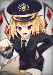 Rule 34 | 1girl, :d, alternate costume, bad id, bad twitter id, black headwear, black jacket, black neckwear, black skirt, blazer, blonde hair, breasts, commentary request, cowboy shot, crystal, cuffs, fangs, flandre scarlet, gradient background, grey background, hand on own hip, handcuffs, hat, highres, holding, jacket, leaning forward, long sleeves, looking at viewer, mi-ko (meeco35), miniskirt, necktie, one side up, open mouth, peaked cap, pencil skirt, pov, red eyes, short hair, skirt, small breasts, smile, solo focus, standing, thighs, touhou, wings