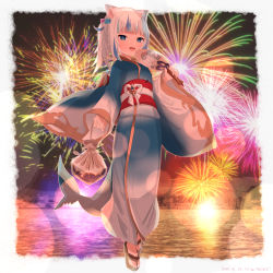 Rule 34 | 1girl, animal ears, blue eyes, blue hair, blue kimono, blunt bangs, breasts, cat ears, commentary, dated, english commentary, fins, fireworks, fish tail, full body, gawr gura, hair ornament, hand fan, highres, holding, holding fan, hololive, hololive english, japanese clothes, kimono, long sleeves, looking at viewer, medium hair, mnmcat20, multicolored hair, open mouth, paper fan, ribbon, shark tail, sharp teeth, slippers, small breasts, solo, streaked hair, tail, teeth, upper body, virtual youtuber, white hair, white ribbon, wide sleeves