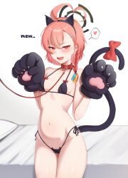Rule 34 | 1girl, absurdres, ahoge, animal collar, animal ears, animal hands, black bra, black gloves, black panties, blue archive, blush, bra, braid, breasts, cat ears, cat paws, cat tail, collar, cowboy shot, fang, gloves, halo, heart, highres, huge ahoge, kisa (leg3043), looking at viewer, neru (blue archive), open mouth, panties, paw gloves, red eyes, red hair, short hair, simple background, single braid, skin fang, small breasts, solo, spoken heart, tail, underwear, white background