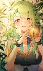 Rule 34 | 1girl, antlers, apple, blush, braid, braided bangs, branch, breasts, ceres fauna, cleavage, food, fruit, golden apple, green hair, green nails, highres, holding, holding food, holding fruit, hololive, hololive english, horns, large breasts, leaf, long hair, looking at viewer, mole, mole under eye, nail polish, nature, open mouth, reel (riru), single braid, smile, solo, upper body, virtual youtuber, yellow eyes