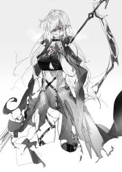 Rule 34 | 1girl, a9712mob, arknights, cropped legs, earrings, gladiia (arknights), gloves, grey background, greyscale, hair over one eye, highres, holding, holding polearm, holding weapon, injury, jewelry, long hair, monochrome, no headwear, one eye covered, pointy ears, polearm, red eyes, simple background, sketch, solo, spot color, torn clothes, weapon
