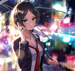Rule 34 | 1girl, black hair, blurry, blurry background, blush, breasts, city lights, cleavage, collarbone, collared shirt, commentary request, earrings, hand up, hayami kanade, highres, holding, holding umbrella, idolmaster, idolmaster cinderella girls, jacket, jewelry, long sleeves, looking at viewer, mairo, medium breasts, necklace, necktie, open clothes, open jacket, open mouth, outdoors, parted bangs, rain, red necktie, shirt, short hair, signature, solo, umbrella, white shirt, yellow eyes