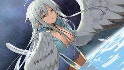 Rule 34 | 1girl, ahoge, artist request, bird legs, blue shirt, breasts, covered erect nipples, earrings, feathered wings, feathers, game cg, hanging breasts, harpy, haru (monster musume), jewelry, large breasts, leaning forward, long hair, monster girl, monster musume no iru nichijou, monster musume no iru nichijou online, night, night sky, official art, pants, partially submerged, pointy ears, shirt, sky, smile, solo, star (sky), starry sky, talons, torn clothes, torn pants, very long hair, water, white hair, white wings, winged arms, wings, yellow eyes