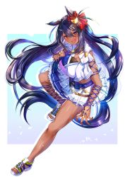 Rule 34 | 1girl, :d, akirannu, animal ears, bare shoulders, black hair, blue hair, breasts, bridal gauntlets, cleavage, commentary request, crop top, full body, gradient hair, hair between eyes, highres, hishi amazon (umamusume), horse ears, horse girl, horse tail, looking at viewer, medium breasts, midriff, multicolored hair, o-ring, open mouth, pleated skirt, red eyes, skirt, smile, solo, tail, umamusume, v-shaped eyebrows, white skirt