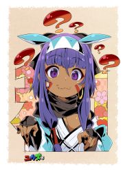 Rule 34 | 1girl, ?, alternate color, alternate costume, animal ears, arm guards, bow, breasts, cleavage, closed mouth, commentary request, cosplay, dark-skinned female, dark skin, facial mark, fate/grand order, fate (series), fingernails, flower, green bow, hair between eyes, hair bow, hairband, hands up, haori, jackal ears, japanese clothes, kimono, koha-ace, long hair, long sleeves, medium breasts, nitocris (fate), okita souji (fate), okita souji (koha-ace), okita souji (koha-ace) (cosplay), oversized clothes, pink flower, purple eyes, purple hair, red flower, solo, sweatdrop, translation request, wavy mouth, white kimono, wide sleeves, yuuzii