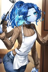 Rule 34 | 1girl, absurdres, apron, blue eyes, blue hair, blue pants, blue skin, blush, breasts, brown sweater, casul, colored skin, cracked skin, denim, elden ring, extra arms, extra faces, highres, jeans, ladle, long hair, long sleeves, looking at viewer, pants, parted bangs, ponytail, ranni the witch, ribbed sweater, small breasts, solo, sweater, thighs, turtleneck, turtleneck sweater, white apron