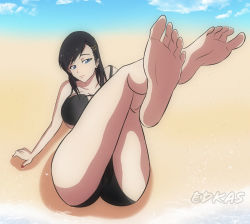 beach black_hair burn_the_witch crossed_legs feet foot_focus highres niihashi_noel sand swimsuit