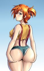 Rule 34 | 1girl, ass, ass grab, bare shoulders, blush, breasts, come hither, creatures (company), deep skin, from behind, game freak, green eyes, highres, large breasts, leonart, looking at viewer, looking back, misty (pokemon), nintendo, orange hair, parted lips, pokemon, pokemon (anime), pokemon (classic anime), seductive smile, shiny clothes, shiny skin, short hair, short ponytail, short shorts, shorts, side ponytail, sideboob, smile, solo, suspenders