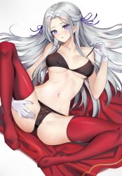 Rule 34 | 1girl, absurdres, anus, bare shoulders, black bra, black panties, blush, bra, breasts, breasts apart, cape, edelgard von hresvelg, fire emblem, fire emblem: three houses, gloves, groin, hair ornament, hair ribbon, highres, large breasts, long hair, looking at viewer, lying, navel, nintendo, on back, panties, parted lips, purple eyes, pussy, red cape, red thighhighs, ribbon, sidelocks, solo, spread legs, spread pussy under clothes, stomach, thighhighs, underwear, underwear only, yoru (yowuyoru)