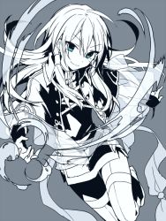 Rule 34 | 1boy, blue theme, boots, capelet, grey background, hair between eyes, hair tubes, hijiri (resetter), long hair, looking at viewer, male focus, monochrome, original, simple background, sketch, skirt, sleeves past wrists, smile, solo, spot color, thigh boots, thighhighs