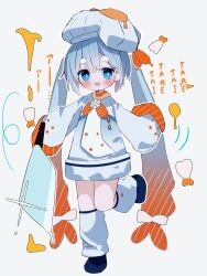 Rule 34 | 1girl, black footwear, blue eyes, blue hair, borrowed design, butter, chef hat, cleaver, dress, dripping, drooling, food, full body, gradient hair, grey background, hat, hatsune miku, highres, holding, holding knife, knife, leg warmers, light blue hair, looking at viewer, motion lines, mouth drool, multicolored hair, neckerchief, open mouth, orange hair, orange neckerchief, romaji text, shrimp, shrimp tempura, sleeves past fingers, sleeves past wrists, snowflake ornament, solo, sparkle, standing, standing on one leg, striped hair, striped neckerchief, striped sleeves, syare 0603, tempura, translated, two-tone hair, vocaloid, white dress, white hat, yuki miku, yuki miku (2024) (applicant)