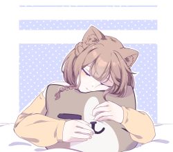 Rule 34 | 1girl, animal ear fluff, animal ears, bare shoulders, bed sheet, blue background, brown hair, closed eyes, closed mouth, commentary request, facing viewer, hair between eyes, highres, honkai (series), honkai impact 3rd, kiwuikiwi, long sleeves, hugging object, off shoulder, pardofelis (honkai impact), puffy long sleeves, puffy sleeves, shirt, sleeves past wrists, solo, stuffed animal, stuffed cat, stuffed toy, twitter username, two-tone background, white background, yellow shirt