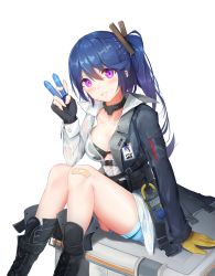 Rule 34 | 1girl, 20mm grenade, 20x30mm grenade, 20x30mm lv p k168, ammunition, bandaid, bandaid on knee, bandaid on leg, between fingers, bikini, bikini top only, black bikini, black footwear, black gloves, black jacket, blue hair, blue shorts, blush, boots, breasts, cannon cartridge, collarbone, commentary request, cross-laced footwear, dummy round, explosive, fingerless gloves, fingernails, girls&#039; frontline, gloves, grenade, grenade cartridge, hair between eyes, highres, holding, jacket, k11 (girls&#039; frontline), knee boots, lace-up boots, large-caliber cartridge, leaning to the side, long hair, long sleeves, medium breasts, parted lips, purple eyes, seero, shirt, short shorts, shorts, side ponytail, sitting, sitting on object, solo, subsonic ammunition, swimsuit, very long hair, white background, white shirt
