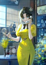 Rule 34 | 1girl, absurdres, beer bottle, black choker, black hair, black hat, blue eyes, bow choker, choker, clock, collarbone, commentary, cowboy shot, cup, cupboard, doll, dress, drinking glass, figure, floral print, hat, highres, holding, holding phone, kuga huna, looking at viewer, original, parted bangs, phone, plant, portrait (object), red wine, round table, shelf, short hair, sidelocks, solo, standing, table, toy car, vase, window shadow, wine, yellow dress, yellow nails