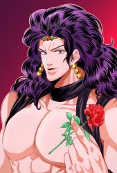 Rule 34 | 1boy, battle tendency, earrings, flower, highres, holding, holding flower, horns, hotaru (ss801), jewelry, jojo no kimyou na bouken, kars (jojo), large pectorals, long hair, male focus, manly, muscular, muscular male, pectorals, puffy chest, purple eyes, purple hair, revealing clothes, rose, solo, thorns, topless male, wavy hair