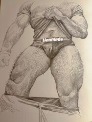 Rule 34 | 1boy, arm hair, bara, body hair, briefs, bulge, clothes lift, clothes pull, feet out of frame, from below, gloves, graphite (medium), hairy, highres, leg hair, lifting own clothes, lionglede, male focus, male underwear, muscular, muscular male, navel hair, original, pants, pants pull, partially undressed, shirt, shirt lift, solo, t-shirt, thick thighs, thighs, traditional media, underwear, veins, veiny arms