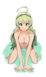 Rule 34 | 1girl, ahoge, arm support, bare arms, bare legs, bare shoulders, barefoot, bikini, blue eyes, blue hairband, breasts, cleavage, closed mouth, collarbone, earrings, front-tie bikini top, front-tie top, full body, green background, green hair, hairband, halterneck, heart, heart earrings, highres, idolmaster, idolmaster million live!, jewelry, kneeling, leaning forward, light blush, long hair, looking at viewer, medium breasts, navel, shimabara elena, smile, solo, string bikini, swimsuit, takahashi ren, two-tone background, wavy hair, white background, white bikini