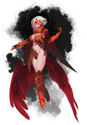 Rule 34 | 1girl, bird wings, blindfold, boots, breasts, cape, cleavage, gloves, highres, knee boots, less, medium breasts, multicolored hair, original, pointy ears, red hair, red wings, short hair, silver hair, solo, streaked hair, two-tone hair, wings
