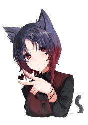 Rule 34 | 1girl, absurdres, animal ears, black hair, black shirt, cat ears, cat tail, expressionless, fake animal ears, gradient hair, heart, highres, iris black games, kisaragi ren (vtuber), looking at viewer, maya fa, multicolored hair, parted bangs, red eyes, red hair, red vest, shirt, short hair, simple background, solo, tail, upper body, v, vest, virtual youtuber, vspo!, white background, wristband