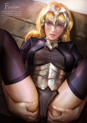 Rule 34 | armor, artist name, ass grab, blonde hair, braid, breasts, breasts apart, chain, deviantart username, fate/apocrypha, fate (series), firolian, gorget, gumroad username, headpeice, highres, jeanne d&#039;arc (fate), jeanne d&#039;arc (ruler) (fate), light purple hair, looking at viewer, lying, on back, parted lips, patreon username, plackart, presenting, pussy, see-through, single braid, solo, spread pussy, thighhighs