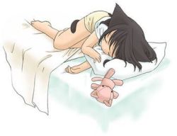 Rule 34 | androgynous, animal ears, bed, black hair, cat ears, cat tail, gender request, lowres, pillow, sleeping, solo, tail