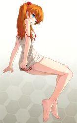 Rule 34 | 1girl, 40hara, absurdres, ass, bare arms, bare shoulders, barefoot, blue eyes, blush, breasts, covering ass, covering privates, full body, gradient background, hair ornament, highres, interface headset, long hair, looking at viewer, looking back, neon genesis evangelion, open mouth, orange hair, panties, pulled by self, rebuild of evangelion, scan, simple background, small breasts, solo, souryuu asuka langley, striped clothes, striped panties, thighs, toes, underwear