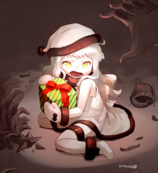 Rule 34 | 10s, 1girl, 2014, abyssal ship, boots, box, christmas, dated, gift, gift box, hat, hugging object, kantai collection, mittens, nagian, northern ocean princess, orange eyes, santa boots, santa costume, santa hat, tears, white hair, white mittens