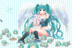 Rule 34 | 1girl, angel wings, aqua eyes, aqua hair, bad id, bad pixiv id, bare shoulders, bird, boots, detached sleeves, earrings, hatsune miku, high heel boots, high heels, irono (irtyu), jewelry, long hair, looking at viewer, musical note, navel, open mouth, sitting, skirt, solo, twintails, very long hair, vocaloid, wings