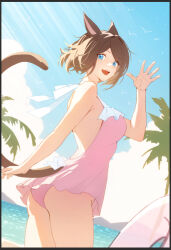Rule 34 | 1girl, animal ears, ass, blue eyes, breasts, brown hair, cat ears, cat tail, day, dutch angle, final fantasy, final fantasy xiv, large breasts, looking at viewer, lyra-kotto, miqo&#039;te, one-piece swimsuit, open mouth, outdoors, palm tree, short hair, solo, swimsuit, tail, tree