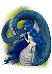 Rule 34 | 1girl, blue hair, breasts, claws, full body, highres, holding, holding mirror, lamia, long hair, looking at mirror, mirror, monster girl, navel, nipples, nure onna, original, pale skin, scales, small breasts, solo, very long hair, wavy hair, yellow eyes, traditional youkai