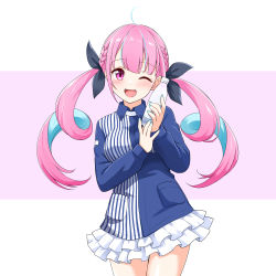 Rule 34 | 1girl, ahoge, bottle, braid, felutiahime, hair ribbon, highres, holding, holding bottle, hololive, lawson, long hair, long sleeves, looking at viewer, minato aqua, multicolored hair, nail polish, one eye closed, open mouth, pink background, pink hair, ribbon, simple background, skirt, solo, twintails, uniform, virtual youtuber, water bottle, white background, white skirt