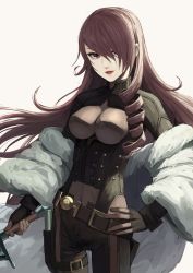 Rule 34 | 1girl, black bodysuit, bodysuit, breasts, breasts apart, brown hair, cowboy shot, drill hair, fagi (kakikaki), hair between eyes, hair over one eye, hand on own hip, holding, holding sword, holding weapon, kirijou mitsuru, long hair, looking at viewer, medium breasts, parted lips, persona, persona 3, persona 4: the ultimate in mayonaka arena, red eyes, red lips, simple background, solo, standing, swept bangs, sword, thigh gap, very long hair, weapon, white background