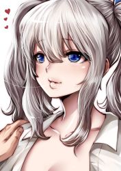 Rule 34 | 10s, 1girl, after kiss, blue eyes, heart, kantai collection, kashima (kancolle), long hair, male hand, open clothes, open shirt, saliva, saliva trail, shirt, silver hair, souryu, twintails