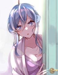 Rule 34 | 1girl, 598 (kokuya), :o, alternate costume, bathrobe, blue eyes, blue hair, breasts, cleavage, door, gotland (kancolle), highres, kantai collection, large breasts, mole, mole under eye, multicolored hair, open mouth, peeking out, sidelocks, solo, upper body, white hair