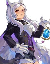 Rule 34 | 1girl, abinosu0903, animal costume, animal ears, black shorts, fire emblem, fire emblem heroes, grima (fire emblem), hand on own hip, highres, looking at viewer, nintendo, robin (female) (fire emblem), robin (female) (halloween) (fire emblem), robin (fire emblem), shorts, tail, twintails, two-tone cape, white hair, wolf costume, wolf ears, wolf paws, wolf tail