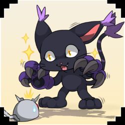 Rule 34 | blacktailmon, cat, choromon, digimon, gloves, looking at another, mouse (animal), red eyes, sticker, tail