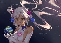 Rule 34 | 1girl, bare shoulders, blonde hair, blue ribbon, breasts, collarbone, dark-skinned female, dark skin, earth (planet), elbow gloves, gloves, hair ornament, halterneck, highres, hololive, hololive english, large breasts, long hair, open mouth, planet, planet hair ornament, ribbon, sideboob, sky, smile, solo, star (sky), starry sky, thank you, tsukumo sana, tsukumo sana (1st costume), twintails, virtual youtuber, watashishi, white gloves, yellow eyes