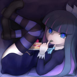 Rule 34 | 10s, 1girl, blue eyes, cake, colored inner hair, food, fork, from side, fruit, legs up, long hair, looking at viewer, lying, mouth hold, multicolored hair, no nose, on back, panty &amp; stocking with garterbelt, smile, socks, solo, stocking (psg), strawberry, strawberry shortcake, striped clothes, striped socks, striped thighhighs, thighhighs, two-tone hair, yasutake