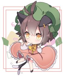Rule 34 | 1girl, :3, animal ear fluff, animal ears, antenna hair, bow, bowtie, brown hair, cat ears, cat tail, chen, chibi, dress, earrings, full body, gold trim, hall jion, hat, highres, jewelry, light blush, mob cap, multiple tails, nekomata, red dress, short hair, simple background, single earring, solo, tail, touhou, two tails, yellow bow, yellow bowtie, yellow eyes