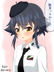Rule 34 | 10s, 1girl, anzio school uniform, artist name, beret, black hair, black hat, blush, braid, brown eyes, dress shirt, emblem, flying sweatdrops, girls und panzer, hair tie, hat, highres, long sleeves, looking at viewer, one-hour drawing challenge, parted lips, pepperoni (girls und panzer), pink background, ruka (piyopiyopu), school uniform, shirt, short hair, side braid, solo, translation request, twitter username, upper body, white shirt, wing collar