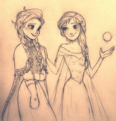Rule 34 | 2girls, alternate hairstyle, anna (frozen), cosplay, costume switch, elsa (frozen), frozen (disney), gradient background, hairstyle switch, monochrome, multiple girls, nyamo, siblings, sisters