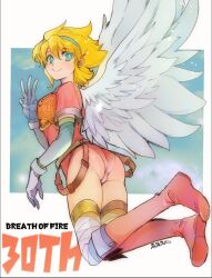 Rule 34 | 1girl, angel wings, armor, ass, blonde hair, boots, breath of fire, breath of fire i, closed mouth, elbow gloves, feathered wings, full body, gloves, green eyes, hairband, kitou en, knee boots, leotard, looking at viewer, nina (breath of fire i), red leotard, short hair, smile, solo, thighhighs, white wings, wings