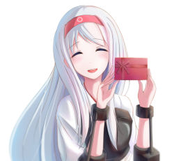 Rule 34 | 10s, 1girl, ^ ^, ^o^, blush, box, chocolate, closed eyes, closed eyes, gift, gift box, hairband, hayagraph, japanese clothes, kantai collection, long hair, muneate, personification, ribbon, shoukaku (kancolle), smile, solo, valentine, white hair