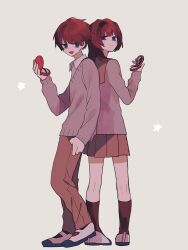 Rule 34 | 1boy, 1girl, back-to-back, blush stickers, compact (cosmetics), full body, highres, holding compact, long hair, long sleeves, looking at viewer, looking back, maco22, open mouth, original, pants, pleated skirt, purple eyes, red hair, school uniform, shoes, short hair, skirt, smile, socks, sweater, uwabaki