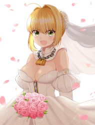 Rule 34 | 1girl, absurdres, arm belt, belt, blonde hair, bouquet, braid, braided bun, breasts, chain, chain necklace, detached collar, detached sleeves, dress, fate/grand order, fate (series), flower, green eyes, hair bun, highres, holding, holding bouquet, jewelry, large breasts, lock, moyashi (momoyashi 321), necklace, nero claudius (bride) (fate), nero claudius (fate), nero claudius (fate) (all), open mouth, padlock, pink flower, pink rose, rose, short hair, simple background, solo, white background, white belt, white dress, white veil, zipper